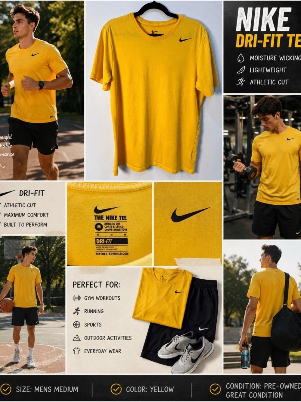 Nike Dri-FIT Shirt Medium Yellow Athletic Cut Performance Training Gym Fitness